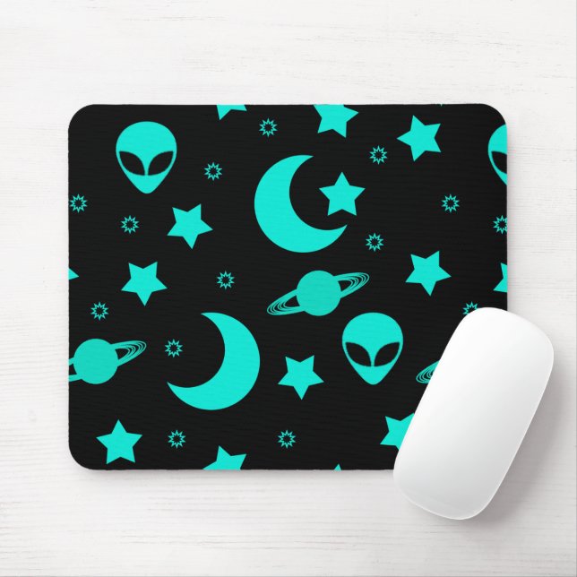Türkisfarbene Alien Muster mit Sternen und Monden Mousepad (Mit Mouse)