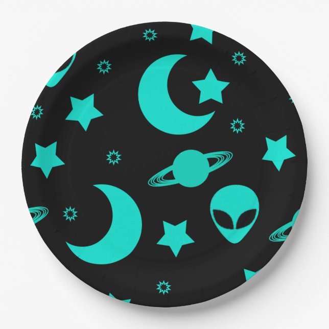 Türkisfarbene Alien Muster mit Sternen und Monden Pappteller (Vorderseite)