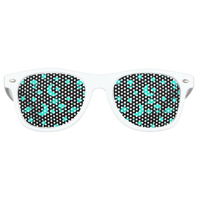 Türkisfarbene Alien Muster mit Sternen und Monden Sonnenbrille (Vorderseite)