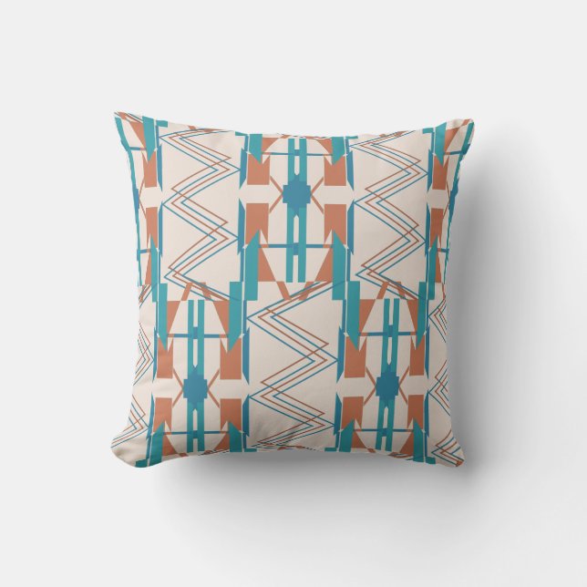 Türkisfarbene Aquamarin orange Beige Große Zig-Zag Kissen (Vorderseite)