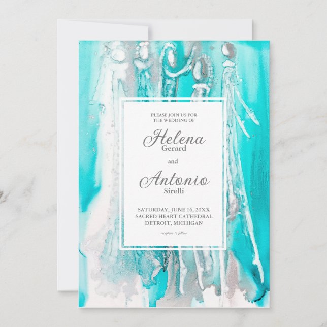 Türkisfarbene Aquamarine Abstrakte Hochzeitseinlad Einladung (Vorderseite)