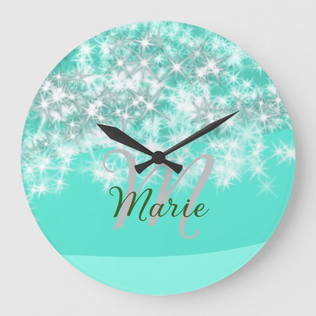 Türkisfarbene aquamarine Aqua-Monogramm Zusatz von Große Wanduhr (Vorderseite)