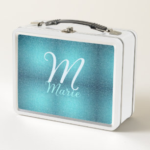 Türkisfarbene aquamarine Aqua-Monogramm Zusatz von Metall Brotdose