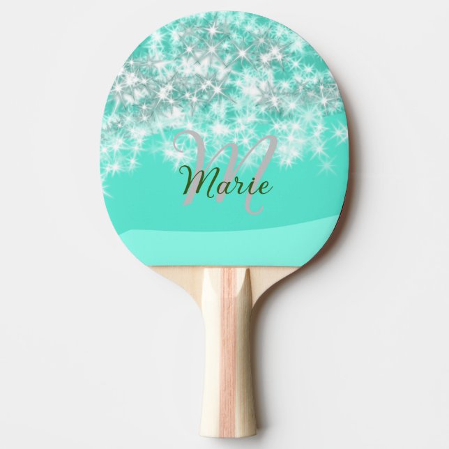 Türkisfarbene aquamarine Aqua-Monogramm Zusatz von Tischtennis Schläger (Vorderseite)