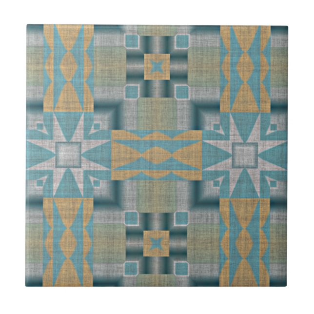 Türkisfarbene Aquamarine blaugelbe Orange Ethnic S Fliese (Vorderseite)