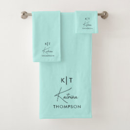 Türkisfarbene Aquamarine moderne Signature-Script- Badhandtuch Set