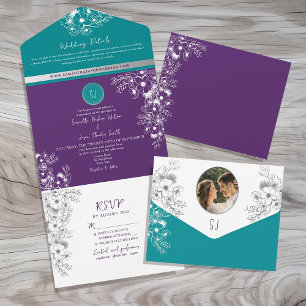 Türkisfarbene Aquamarine und Lila Hochzeit All In One Einladung