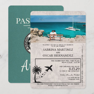 Türkisfarbene Aruba Reisepass Hochzeitseinladung Einladung