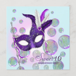 Türkisfarbene Blaue Lila Blasen Sweet Sixteen Mask Einladung
