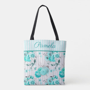 Türkisfarbene blaue Rosen, graue Streifen und Mono Tasche