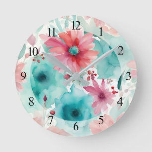 Türkisfarbene blaue Rote Aquarell-Frühlingsblumen Runde Wanduhr