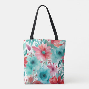 Türkisfarbene blaue Rote Aquarell-Frühlingsblumen Tasche