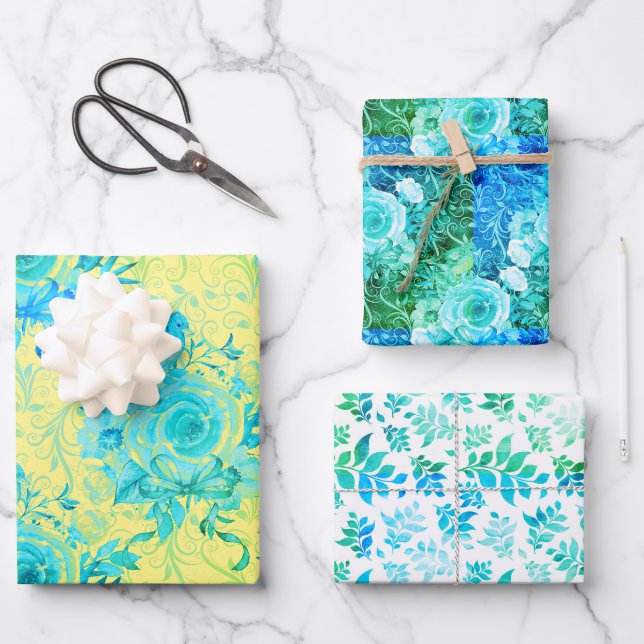 Türkisfarbene Blues mit Gelb und Weiß, Blumen Geschenkpapier Set (Vorderseite)