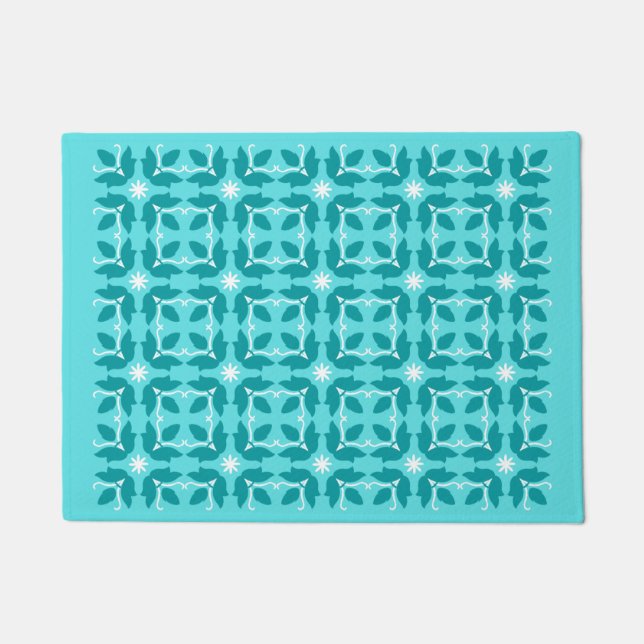 Türkisfarbene Blume Muster Kleine Türmatte (Vorderseite)