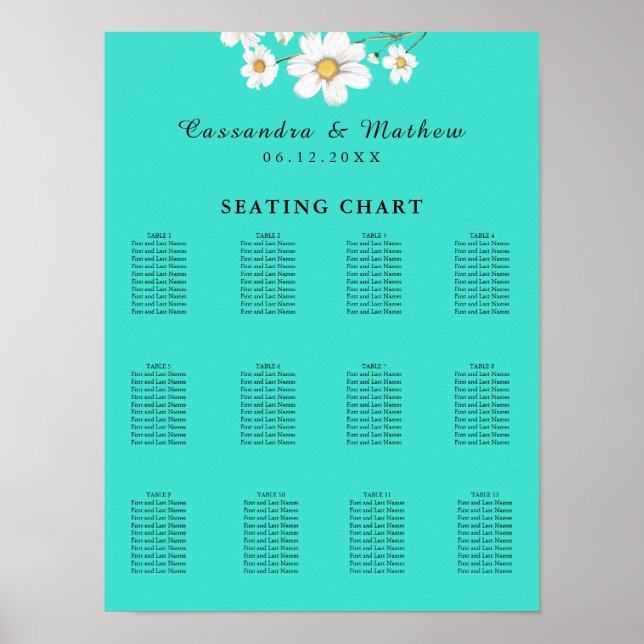 Türkisfarbene Daisy Bloral Wedding 120 Seating Cha Poster (Vorne)
