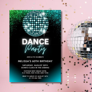 Türkisfarbene Disco-Kugel Glitter-Tanzparty Geburt Einladung