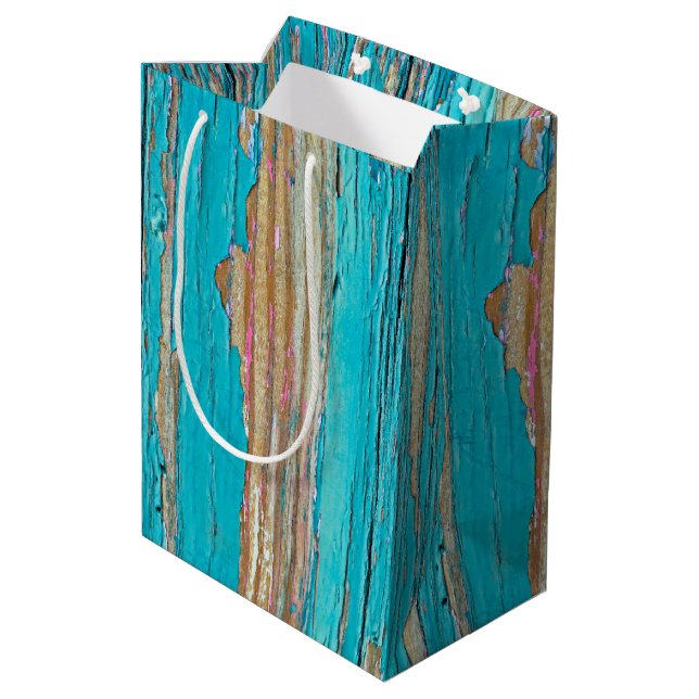 Türkisfarbene Farbe auf gewebtem Holz Mittlere Geschenktüte (Rückseite Schrägansicht)