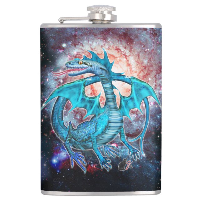 Türkisfarbene Flasche aus kosmischem Drachen Flachmann (Vorderseite)