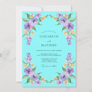 Türkisfarbene Flieder-Wildblumen-Hochzeit Einladung