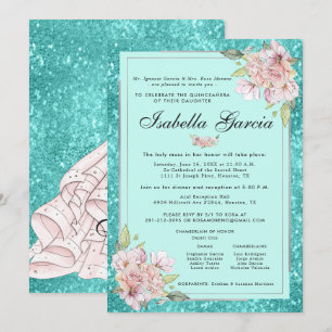 Türkisfarbene Florale Quinceañera-Geburtstagseinla Einladung