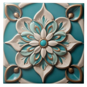 Türkisfarbene Gänseblümchen-Blume Faux-Relief Boho Fliese