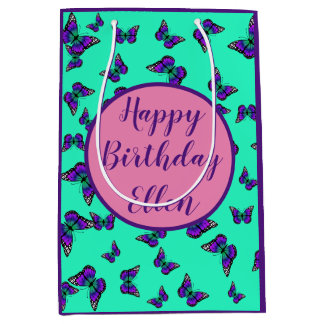 Türkisfarbene Geschenktasche mit Lila Schmetterlin Mittlere Geschenktüte
