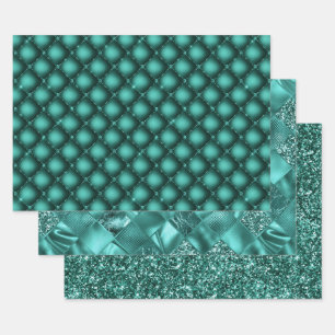 Türkisfarbene Glamour Glitter Funkel-Muster Geschenkpapier Set