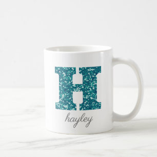 Türkisfarbene Glitter-Monogramm-H personalisierte Kaffeetasse