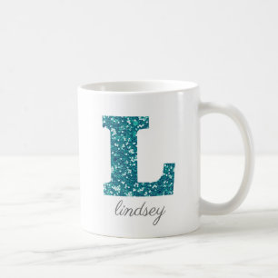 Türkisfarbene Glitter-Monogramm-Tasse L personalis Kaffeetasse