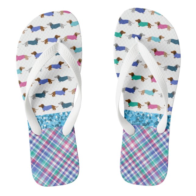 Türkisfarbene Glitzer Dackel Flip Flops (Fußbett)