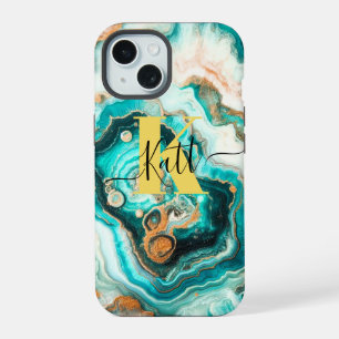 Türkisfarbene Goldene Achat-Personalisierte Modern iPhone 15 Hülle