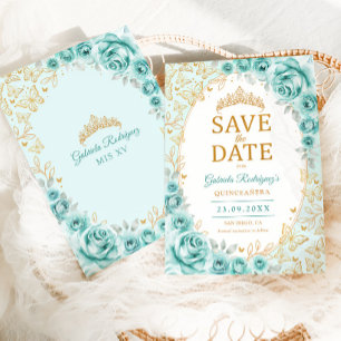Türkisfarbene Goldene Florale Quinceanera Save The Date