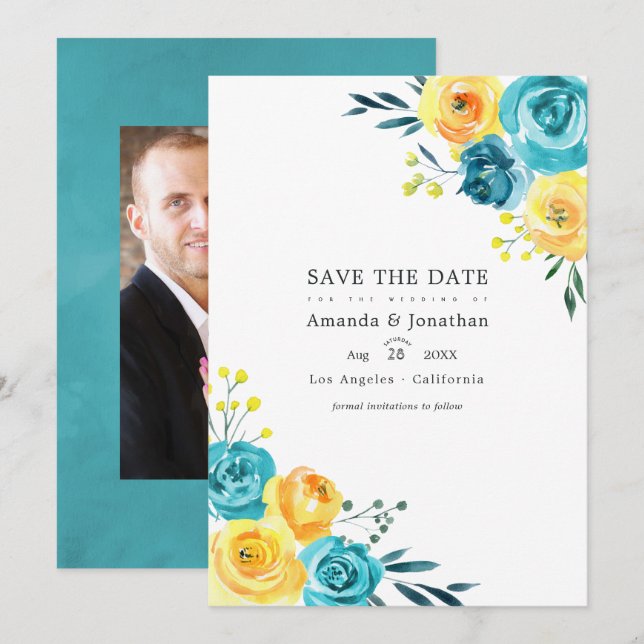 Türkisfarbene Hochzeit mit gelbem Wasser Save The Date (Vorne/Hinten)
