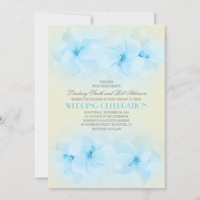 Türkisfarbene Hochzeitseinladung mit Hibiskus Einladung (Vorderseite)