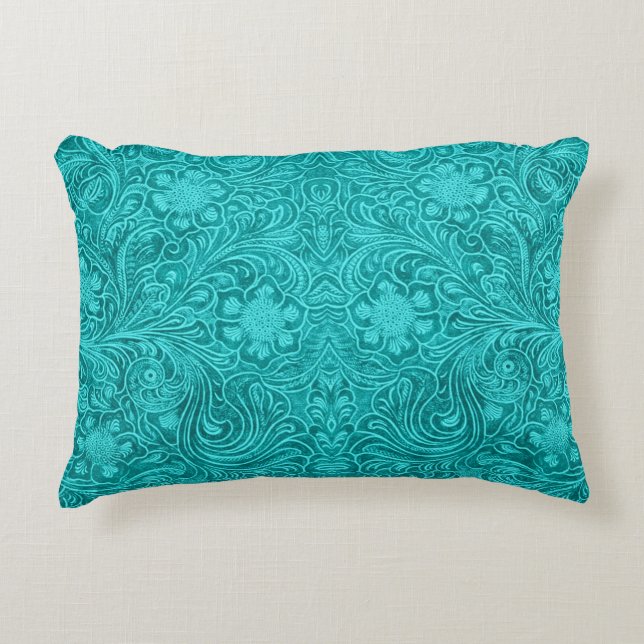 Türkisfarbene Imitate Ledermuster mit Blumenmotiv Dekokissen (Vorderseite)