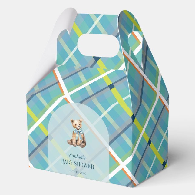 Türkisfarbene Karierte Teddy Bear Boy Babydusche Geschenkschachtel (Vorderseite)