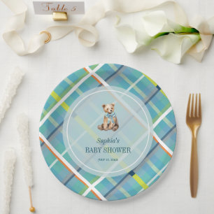 Türkisfarbene Karierte Teddy Bear Boy Babydusche Pappteller