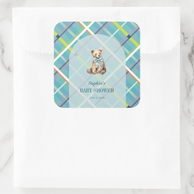 Türkisfarbene Karierte Teddy Bear Boy Babydusche Quadratischer Aufkleber (Tasche)