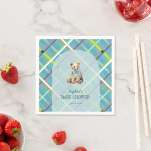 Türkisfarbene Karierte Teddy Bear Boy Babydusche Serviette