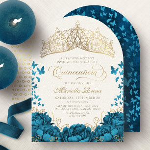 Türkisfarbene königliche Kronen-Blumen-Quinceanera Einladung