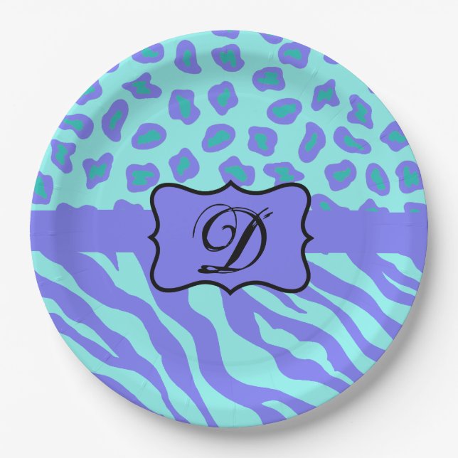 Türkisfarbene Lavender Zebra Leopard Hautmonogramm Pappteller (Vorderseite)