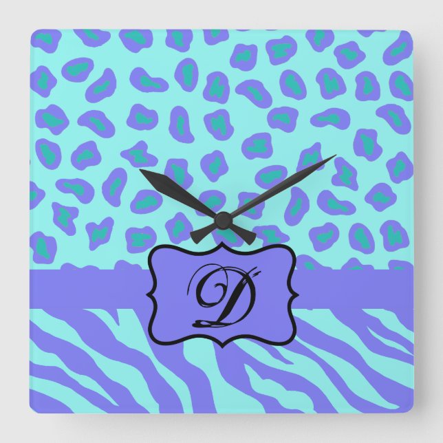 Türkisfarbene Lavender Zebra Leopard Hautmonogramm Quadratische Wanduhr (Vorderseite)