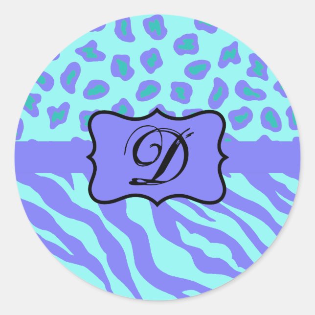 Türkisfarbene Lavender Zebra Leopard Hautmonogramm Runder Aufkleber (Vorderseite)