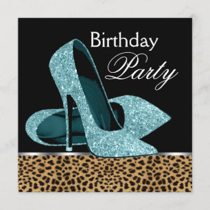 Türkisfarbene Leoparden-High-Heels Geburtstagsfeie Einladung