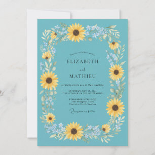 Türkisfarbene leuchtende Sonnenblumen-Hochzeit Einladung