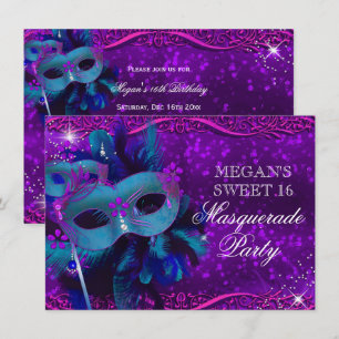 Türkisfarbene Lila Feder Maske Masquerade Sweet 16 Einladung