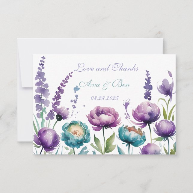 Türkisfarbene Lila Wildblumen Hochzeit Dankeskarte (Vorderseite)