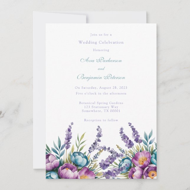 Türkisfarbene Lila Wildblumen Hochzeit Einladung (Vorderseite)