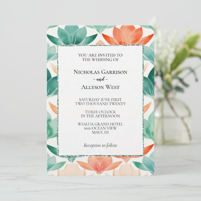 Türkisfarbene Mandarine Chic Floral Wedding Einladung (Stehend Vorderseite)