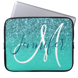 Türkisfarbene Ombre-Teal-Glitter-Personalisierung Laptopschutzhülle